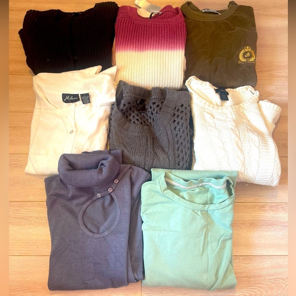 Set of 7 women’s sweaters Sz L Mandy Calvin Klein Milano KenCole white+warren